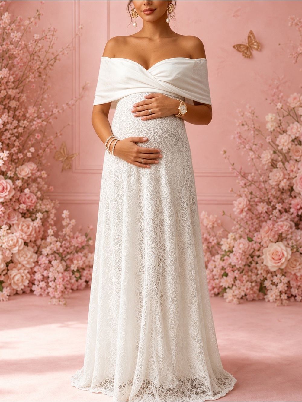 White Off-Shoulder Lace Maternity Wedding Dress